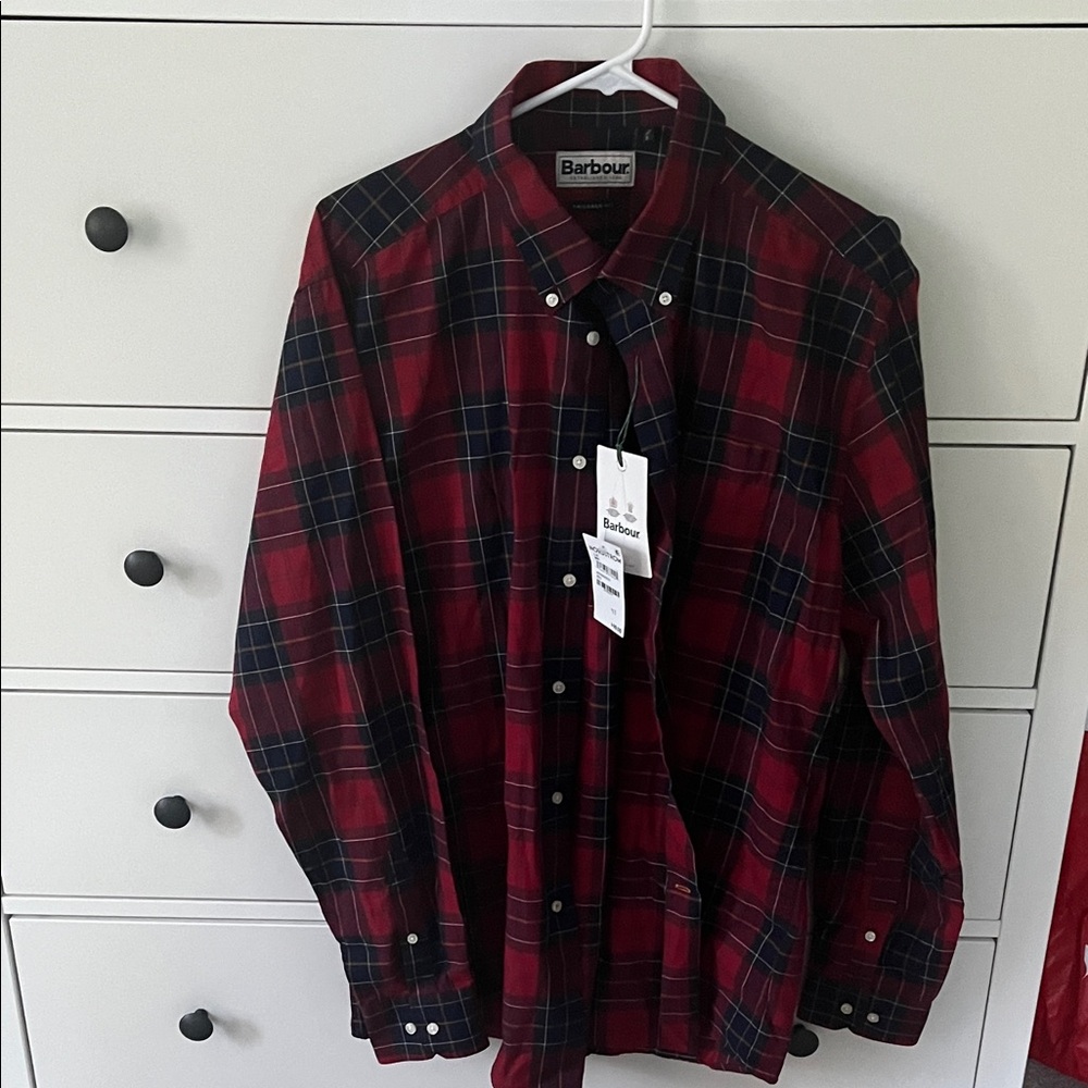 Barbour Men's Red and Blue Plaid Button Down Shirt